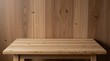 © Studicon - Wooden table stands against a backdrop of natural wood panels in a neutral color palette
