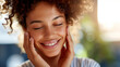 © Kateryna Arkhypova - Smiling woman glowing skin, gently touching face showcasing, radiant complexion emphasizing beauty, self-care bright clean environment, wellness display moment, with copy space