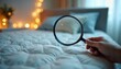 © miss irine - Hand with magnifying glass searches mattress for bedbugs in cozy bedroom. Searching for pest infestation. Check for bugs, insects, or dirt on bed linen. Inspecting bedding for cleanliness.