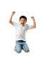 © Muhammad - Joyful asian boy (8-10) in a white t-shirt, suspended mid-air in an ecstatic jump with raised fists and an open mouth shout, frozen by high-speed studio light. concept of absolute victory and elation
