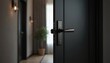 © Vadym - Modern black armored apartment door ajar. Close up on metal handle and mortise lock. Home privacy and security concept. Residential entrance detail.