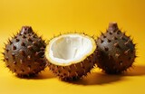 Closeup view of thorny salak fruit cut in half with white flesh against bright yellow background. Exotic tropical snake fruit offers healthy diet snack. Natural organic food ingredient.