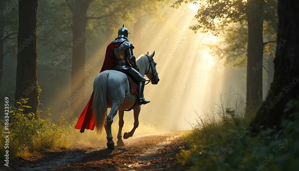 Knight in armor rides white horse through sunlit forest path. Sunlight ...