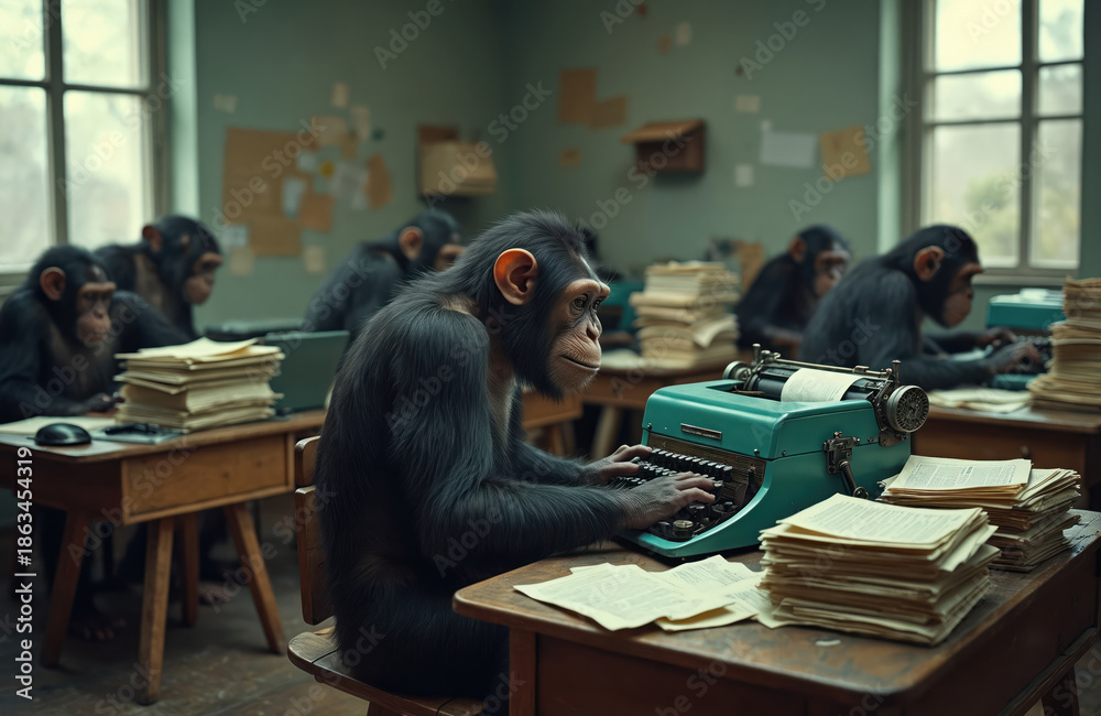 Chimpanzees type on old machines in classroom setting. Apes write ...