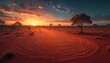 © Pete - Vast Australian outback landscape at sunset with red earth swirling patterns. Acacia trees, dry grass under starry sky, milky way visible. Warm orange glow illuminates the terrain.