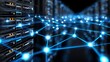 © ittipol - A futuristic data center with advanced servers, illuminated connections, and a network of bright nodes. Ideal for illustrating concepts of data storage, security, and connectivity.