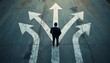 © Pete - Man in suit stands at crossroads with arrows pointing many ways. He contemplates future path choice. Business strategy, planning, options for success.