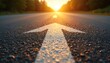 © Pete - Asphalt road marked with a white arrow points towards bright sunset sun. Trees line path ahead. Open way forward suggests journey and goals.