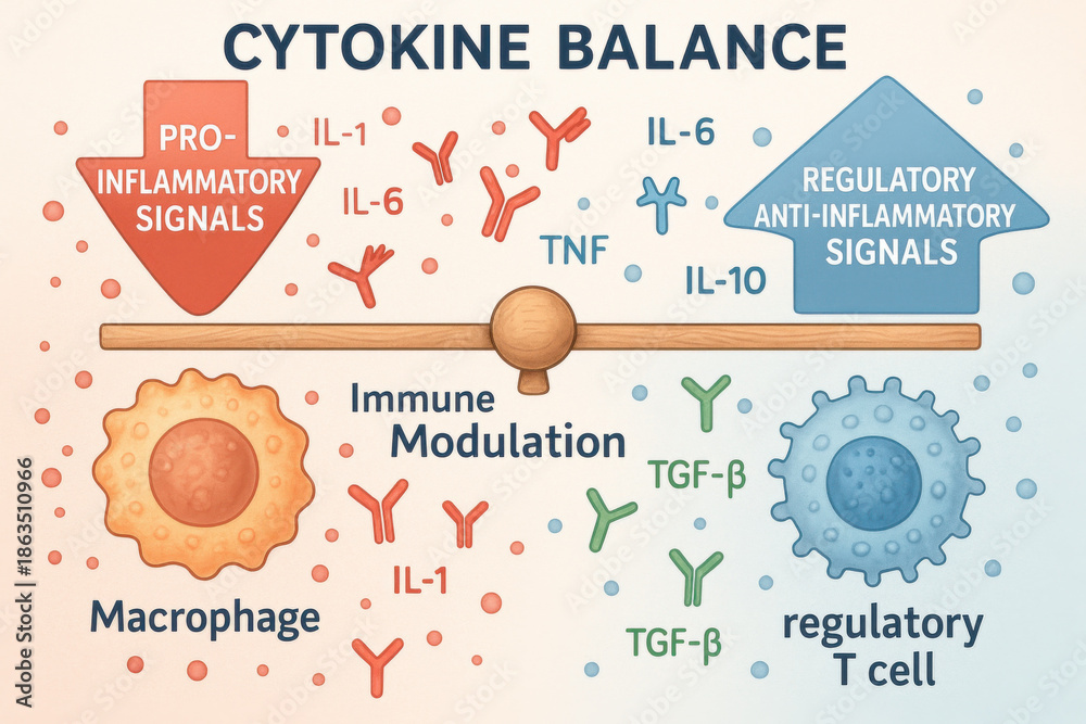 High detail biomedical illustration of cytokine balance, an immune ...