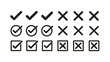 © Shapla  - A simple black and white illustration of various checkmarks and crosses in different shapes and sizes on a white background
