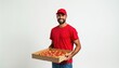 © Pete - Smiling man wears red shirt and cap holds large pepperoni pizza in box. He provides fast food delivery service with a cheerful expression. Quick meal order for dinner or lunch.