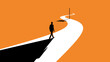 © Budi - A solitary figure walks down a winding white path towards a distant pole against a vibrant orange background, casting a long shadow.
