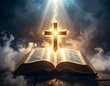 © rudi - Illuminated cross beams with Bible, surrounded by clouds and divine light