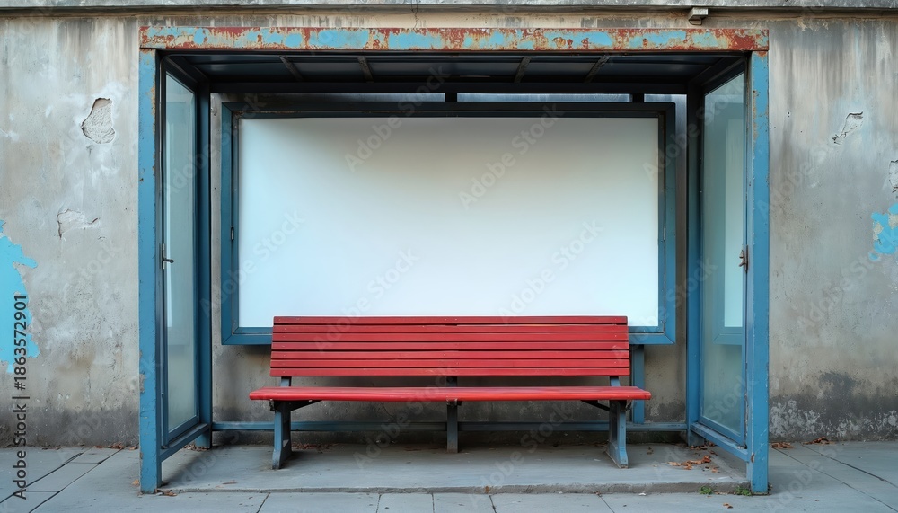 Modernist bus stop shelter with empty advertising panel. Red bench invites passerby to rest. Urban public transport waiting zone has glass walls.