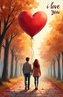 © Viktor - Couple walks hand in hand down a park path holding large red heart balloon. Autumn trees line the walkway, fallen leaves on ground. Text I love you is present.
