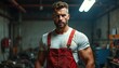 © Viktor - Muscular mechanic with dirty face and clothes stands in auto repair shop. He wears red overalls and a white shirt, looking intensely forward.
