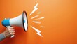 © Viktor - Person holds blue and white megaphone. Sound waves emanate from device on orange background. Announces sale, promotion or news. Great for ads.