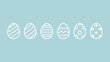 © Tawhida Akter - A delightful row of six simple white Easter eggs with different patterns on a bright blue background