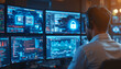 © alimurtaza - A man in a white shirt sits in front of multiple computer monitors displaying various data and security screens.