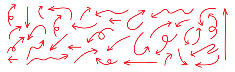  Hand drawn doddle red arrow icon set. Doodle movement spiral arrows. Arrow mark icons. Simple arrows isolated on white background. 