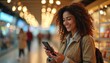 © Viktor - Smiling woman holds phone, browses shop aisles. Female chats online or buys goods using mobile app. People enjoy retail, modern tech purchase in blurred store background.