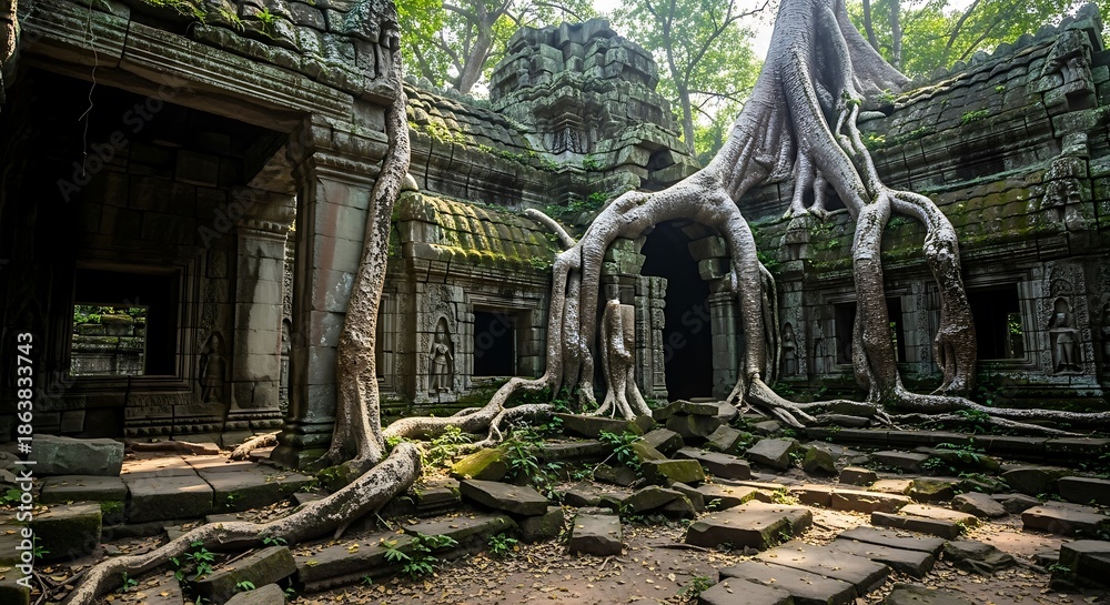 Massive tree roots engulf ancient stone temple ruins in a dense forest ...