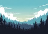 Serene forest landscape illustration with coniferous trees and soft clouds