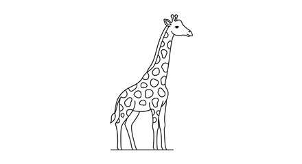  Elegant black line drawing of a tall giraffe with characteristic spots standing peacefully on a plain white background for animal themes.