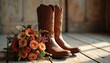 © Maryna - Brown cowboy boots sit next to vibrant bouquet of orange, peach flowers on rustic wooden floor. Sunlight streams in casting warm shadows. Still life composition blends western style with natural