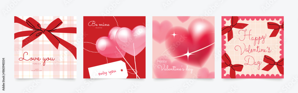 Happy Valentine's day love square cover vector set. Red and pink glossy hearts with sparkle, ribbon, lollipop. Love illustration for greeting card, web banner, package, cover.
