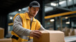 © Tania - A warehouse worker organizing heavy packages on a hydraulic scissor table, raising boxes to waist level to reduce strain and increase workflow efficiency. cinematic color correction, natural uneven