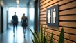 © Maryna - Office corridor with modern restroom sign. Two blurry people walk down hallway. Symbol shows man and woman icons for inclusive facilities. Wood paneled wall adds warmth.