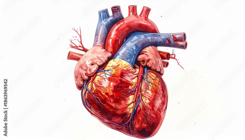 Human Heart: Detailed and vibrant illustration of a human heart, capturing its intricate anatomical structure and showcasing the essence of life and health.