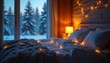 © Maryna - Warm bedroom with glowing lights on bed at dusk, soft blankets and pillows. Cozy bedchamber overlooks snowy forest scene. Inviting interior for peaceful sleep and relaxation.