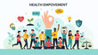 © Ali - Diverse group of people practicing healthy lifestyle habits symbolizing health empowerment and well-being with icons for fitness nutrition and mental health vector illustration