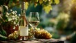 © Rabeya - Bottle of white wine and glass with grapes on wooden table image photo