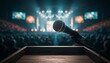 © Andrew505 - Microphone on podium in front of blurred audience and vibrant stage lights at a live event or conference.