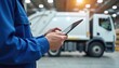 © Maryna - Worker holds digital tablet near garbage truck. Man plans waste collection route using mobile tech. Logistics manager supervises fleet operations with modern device.