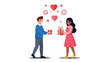 © Nandar - Happy couple exchanging gifts with love icons on white background