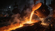 © abdelaziz - Molten metal pouring from a large industrial ladle into a mold at a steel foundry plant with dramatic sparks.