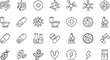 © EdGe Creative - Medical microbiology and healthcare outline icon set featuring bacteria, viruses, medicines, laboratory tools, and hygiene symbols