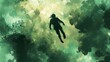 © StasySin - A man is flying through the air in a green and murky sky. The image has a surreal and dreamlike quality to it, with the man appearing to be weightless and free from the constraints of gravity