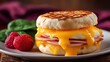 © AR - a delicious breakfast sandwich presented on a white plate features ham melted cheddar cheese and a freshly baked english muffin with strawberries high quality professional detailed
