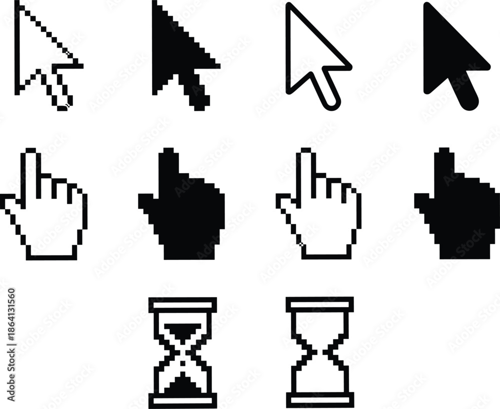 Pixel and outline cursor arrow and hand click icon set with mouse ...