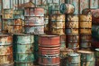 © nsit0108 - Rusty metal barrels stacked in an industrial waste site, highlighting the concept of environmental pollution and hazardous waste disposal