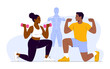 © jinduo - This vibrant illustration showcases two fitness enthusiasts exercising with dumbbells, highlighting teamwork, motivation, and empowerment in achieving personal fitness goals.