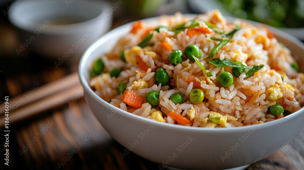 White bowl heaped with fried rice, including peas, eggs, and chopped vegetables, showcasing a colorful, fresh, and appetizing meal perfect for food visuals