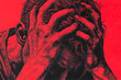 © Loktor - Ilustración de hombre con las manos en la cabeza sobre fondo rojo, Imagen para campaña de salud mental y bienestar emocional, ansiedad, desesperación, depresión, ansiedad social