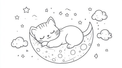  Cute kitten sleeps on crescent moon, stars, clouds.  Children's book illustration