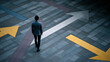 © Curioso.Photography - Man standing at an intersection with directional arrows symbolizing choice and decision making.